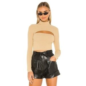 Superdown Revolve Tan Ribbed Turtleneck Fitted Stretch Cut Out Crop Sweater XS